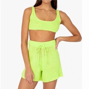 NWT Set WeWoreWhat Neon Green Knit Chunky Cozy Stitch Sweater Shorts and Top